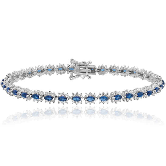 925 Sterling Silver Blue White Cubic Zirconia CZ Chain Bracelet