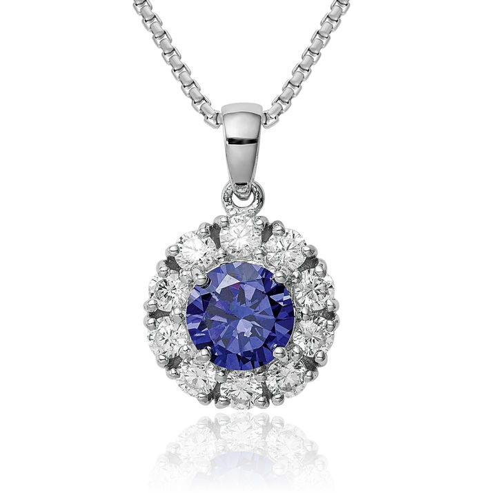 925 Sterling Silver Blue White Cubic Zirconia CZ Halo Round Necklace Chain Pendant Charm