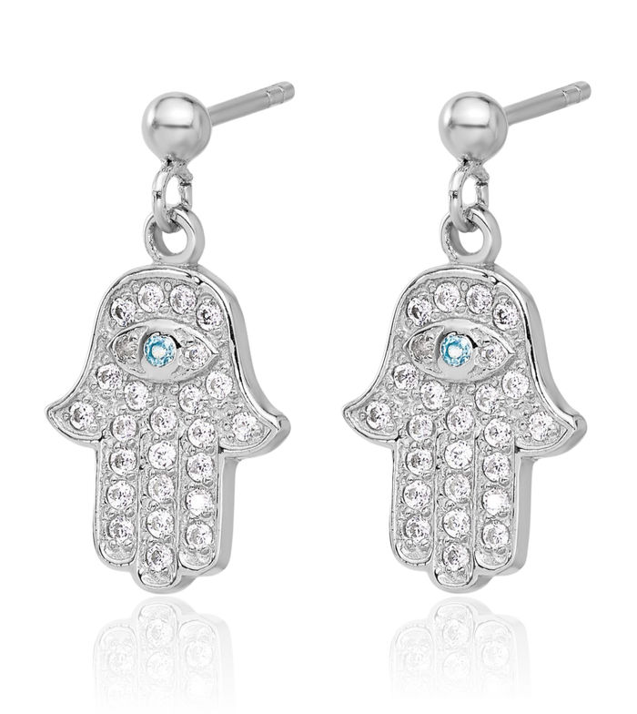 925 Sterling Silver Blue White Cubic Zirconia CZ Hamsa Hand of Fatima Evil Eye Protection Post Drop Dangle Earrings