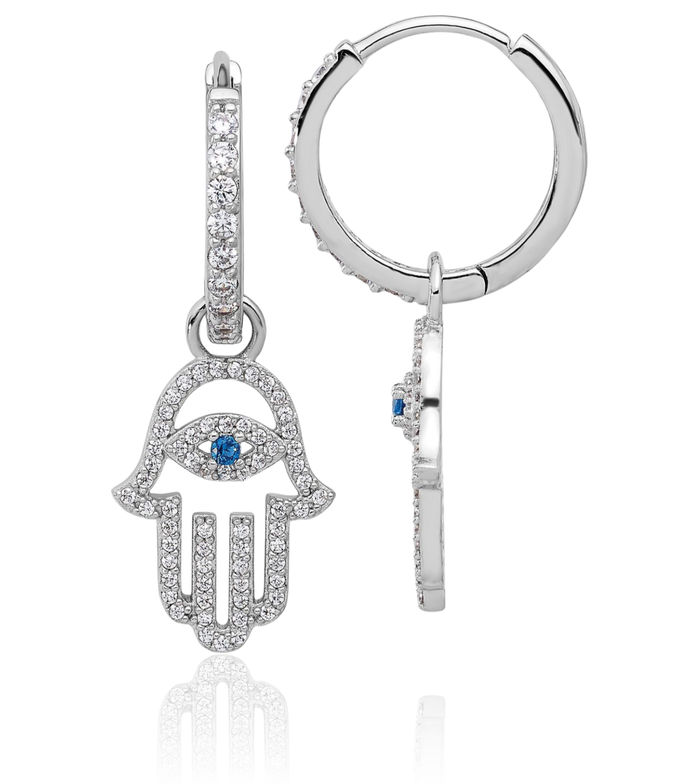 925 Sterling Silver Blue White Cubic Zirconia CZ Hamsa Hand of Fatima Evil Eye Protection Medium Huggie Hoop Drop Dangle Earrings