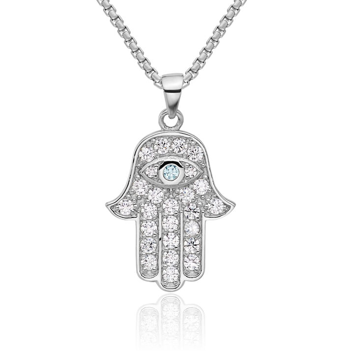 925 Sterling Silver Blue White Cubic Zirconia CZ Hamsa Hand of Fatima Evil Eye Protection Necklace Chain Pendant Charm