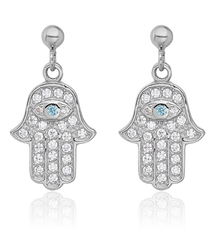 925 Sterling Silver Blue White Cubic Zirconia CZ Hamsa Hand of Fatima Evil Eye Protection Post Drop Dangle Earrings