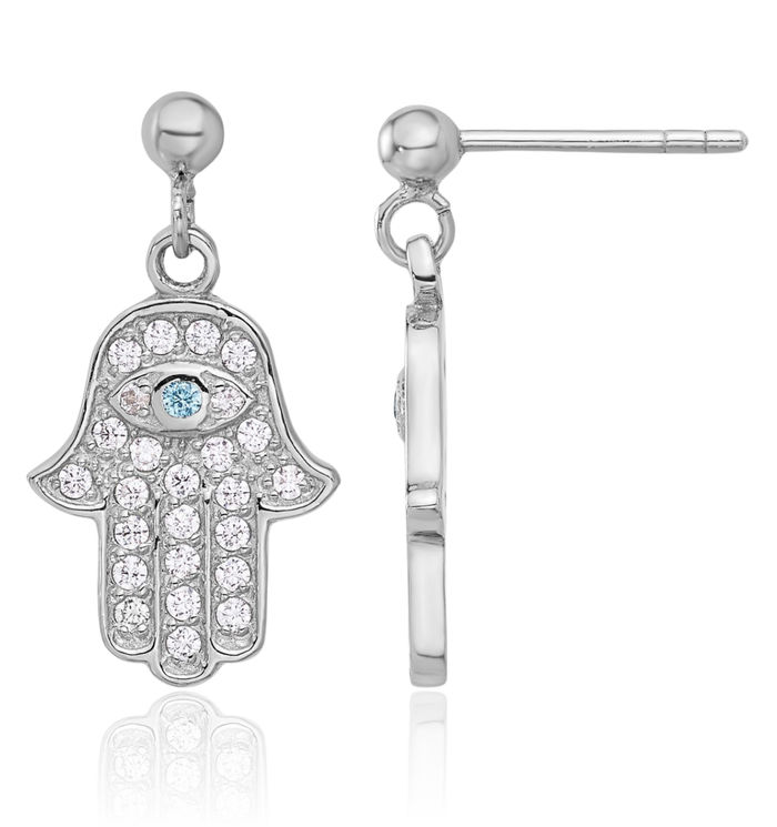 925 Sterling Silver Blue White Cubic Zirconia CZ Hamsa Hand of Fatima Evil Eye Protection Post Drop Dangle Earrings