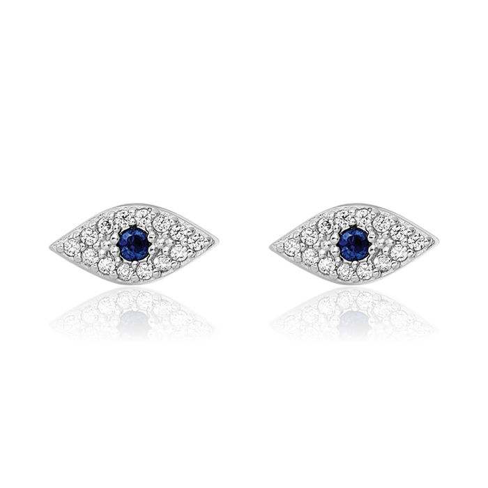 925 Sterling Silver Blue White Cubic Zirconia CZ Hamsa Hand of Fatima Evil Eye Protection Good Luck Stud Earrings