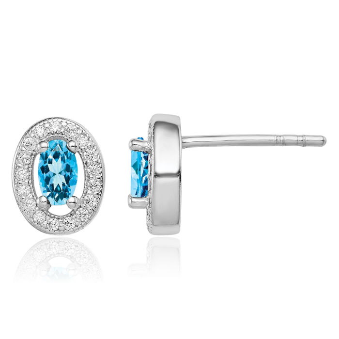 925 Sterling Silver Blue White Cubic Zirconia CZ Oval Stud Earrings