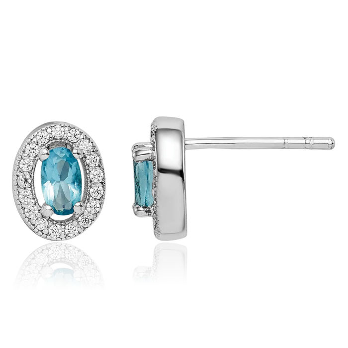 925 Sterling Silver Blue White Cubic Zirconia CZ Oval Stud Earrings