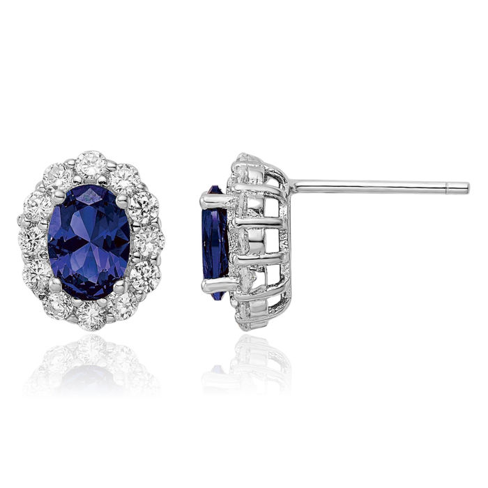 925 Sterling Silver Blue White Cubic Zirconia CZ Oval Stud Earrings