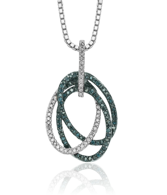 925 Sterling Silver Blue White Diamond Triple Oval Pendant Necklace