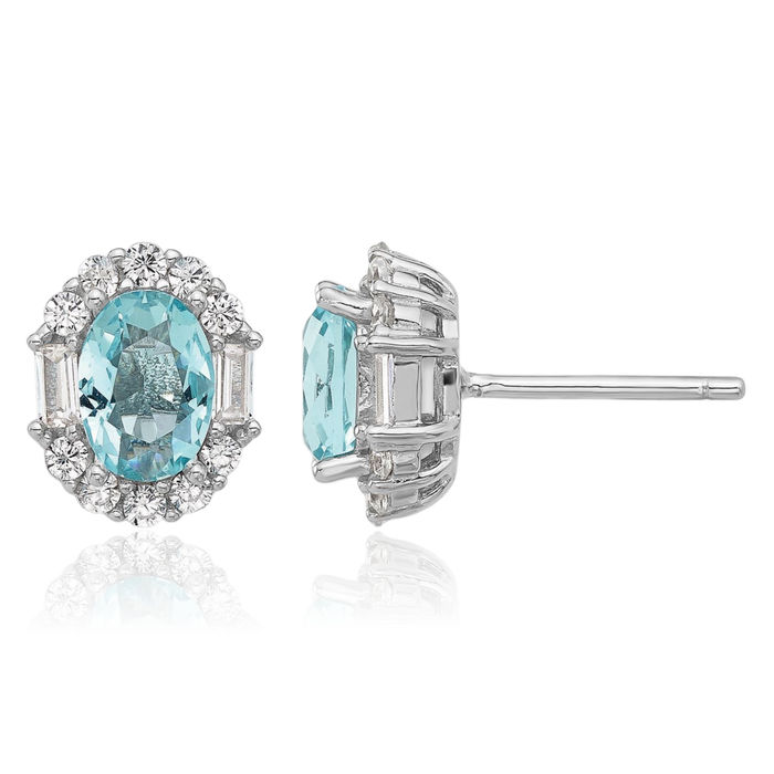 925 Sterling Silver Blue White Emerald-Cut Cubic Zirconia CZ Oval Stud Earrings