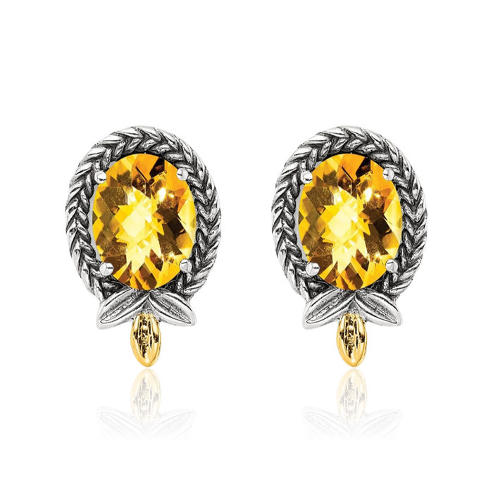 925 Sterling Silver Vintage Braided Oval Yellow Orange Citrine Stud Earrings