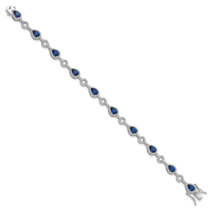 925 Sterling Silver Blue Glass White Cubic Zirconia CZ Circle Round Teardrop Chain Bracelet