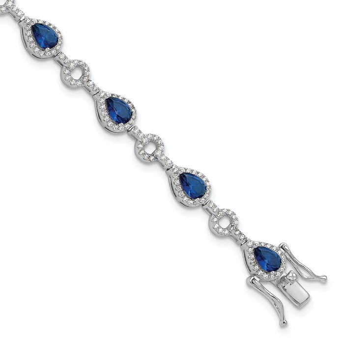 925 Sterling Silver Blue Glass White Cubic Zirconia CZ Circle Round Teardrop Chain Bracelet