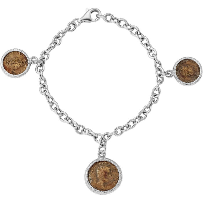 925 Sterling Silver Bronze Roman Coin Chain Bracelet