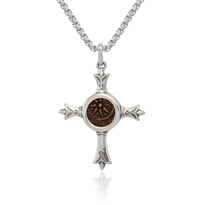 925 Sterling Silver Bronze Vintage Widows Mite Coin Holy Cross Necklace Religious Chain Pendant Jesus Christ Charm