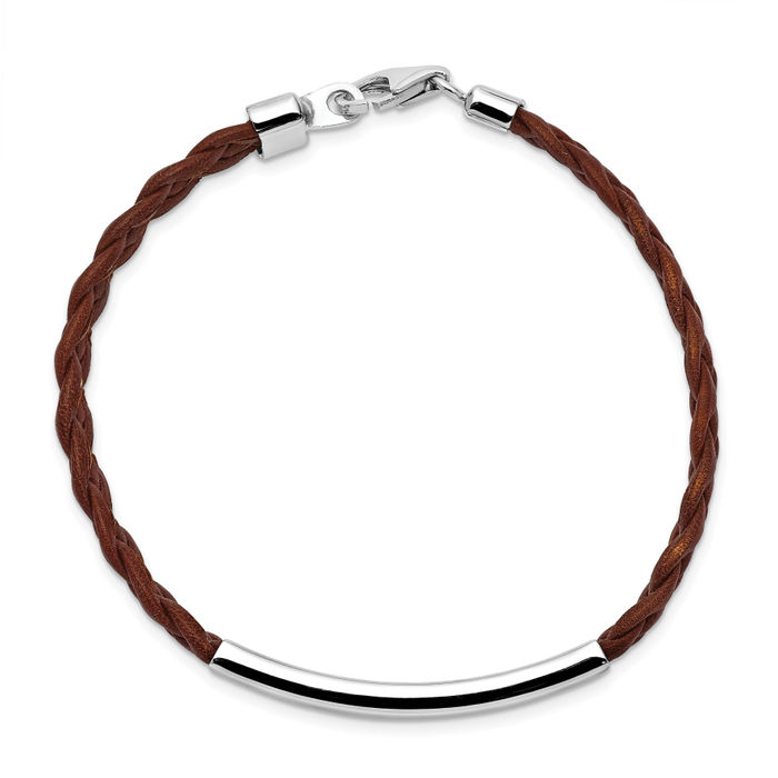 925 Sterling Silver Brown Braided Chain Leather Bracelet