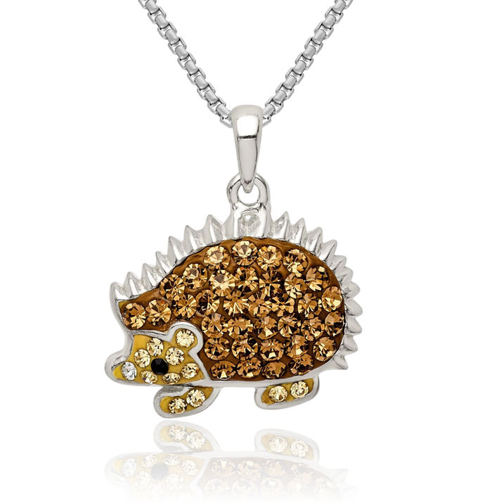 925 Sterling Silver Brown Preciosa Rhinestone Crystals Hedgehog Necklace Chain Pendant Charm