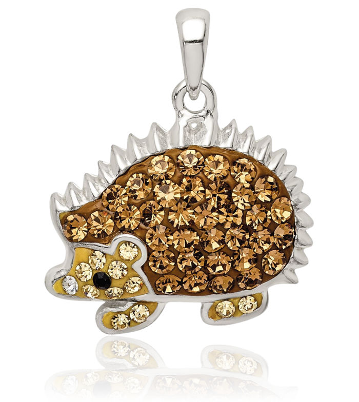 925 Sterling Silver Brown Preciosa Rhinestone Crystals Hedgehog Necklace Chain Pendant Charm