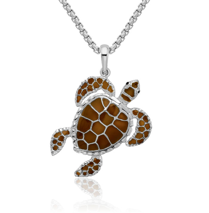 925 Sterling Silver Brown Sea Turtle Necklace Chain Pendant Charm