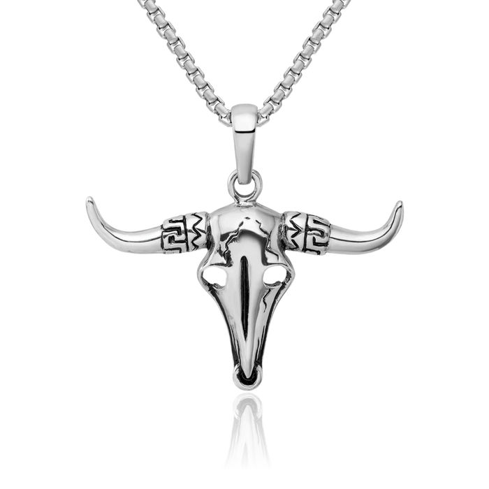 925 Sterling Silver Vintage Buffalo Bull Head Skull Necklace Western Cowboy Pendant Taurus Charm