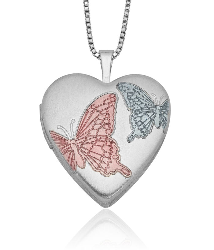 925 Sterling Silver Butterflies Heart Personalized Photo Locket Chain Necklace