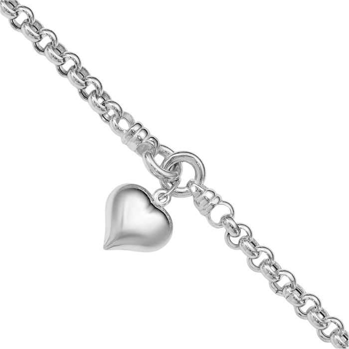 925 Sterling Silver Cable Dangling Heart Charm Bracelet