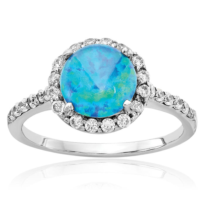 925 Sterling Silver Cabochon Lab Blue Opal Cubic Zirconia CZ Halo Round Side Stones Statement Cocktail Ring