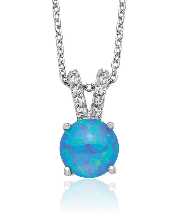 925 Sterling Silver Cabochon Lab Blue Opal Cubic Zirconia CZ Split Necklace Chain Gemstone Pendant Charm