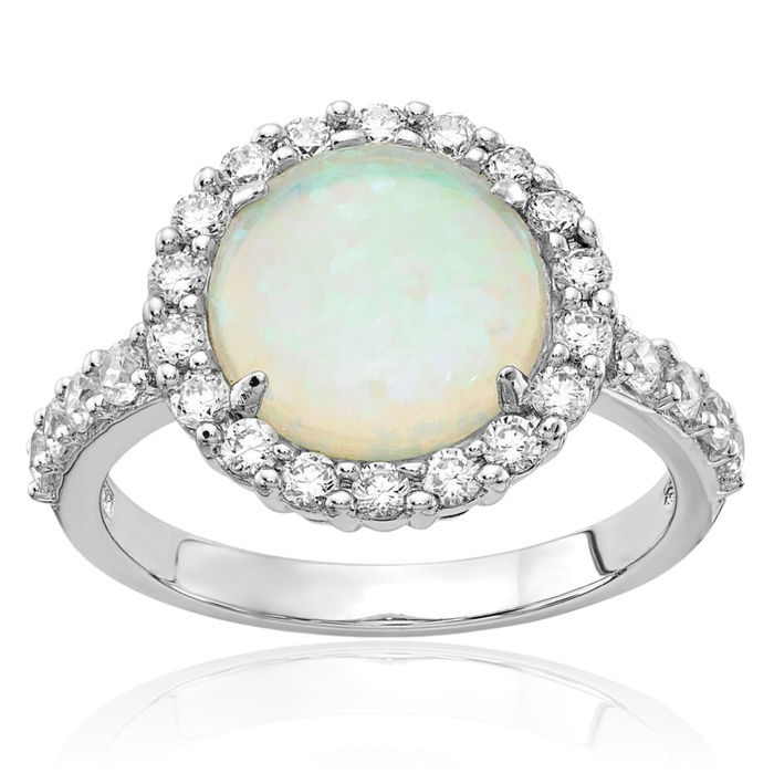 925 Sterling Silver Cabochon Lab Opal Cubic Zirconia CZ Halo Round Statement Cocktail Ring