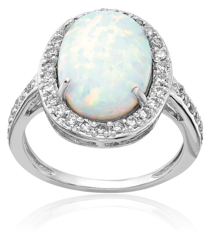 925 Sterling Silver Cabochon Lab Opal Cubic Zirconia CZ Oval Halo Statement Ring