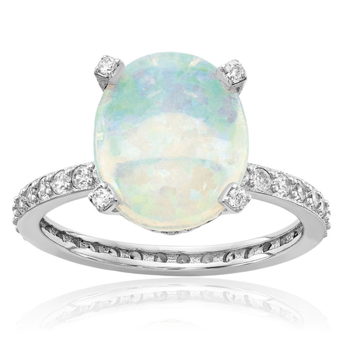 925 Sterling Silver Cabochon Lab Opal Cubic Zirconia CZ Oval Side Stones Statement Ring