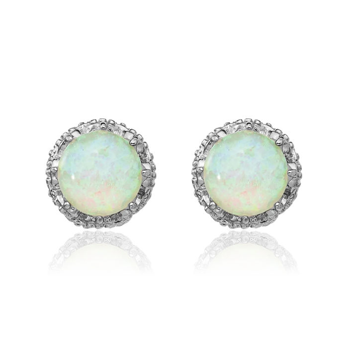 925 Sterling Silver Cabochon Lab Opal Cubic Zirconia CZ Post Studs Gemstone Earrings