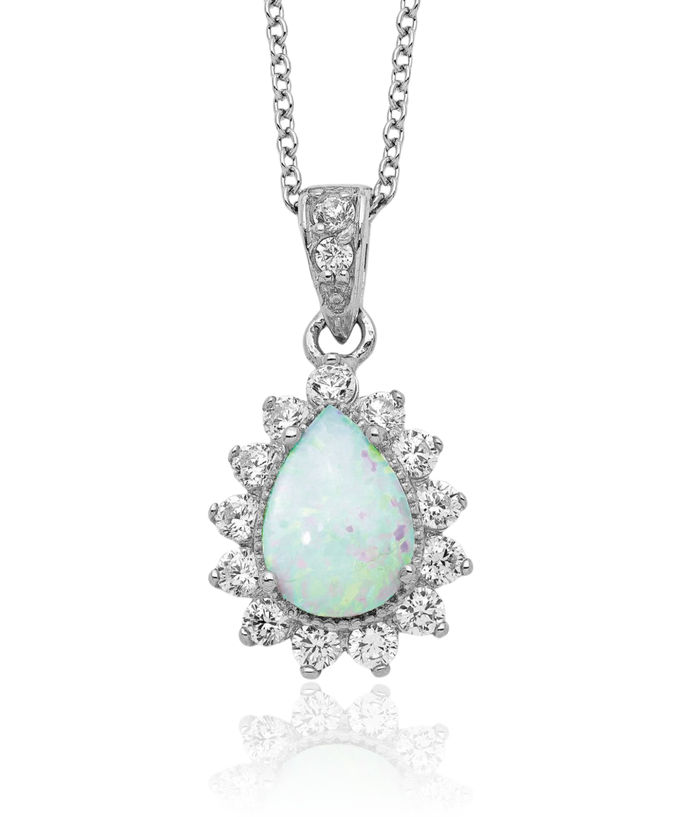 925 Sterling Silver Cabochon Lab Opal Cubic Zirconia CZ Teardrop Halo Round Necklace Chain Gemstone Pendant Charm