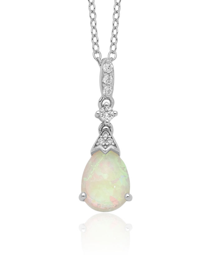 925 Sterling Silver Cabochon Lab Opal Cubic Zirconia CZ Teardrop Necklace Chain Gemstone Pendant Charm