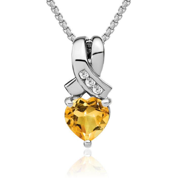 925 Sterling Silver Yellow Orange Citrine Diamond Necklace Heart Charm Gemstone Pendant November Birthstone Jewelry