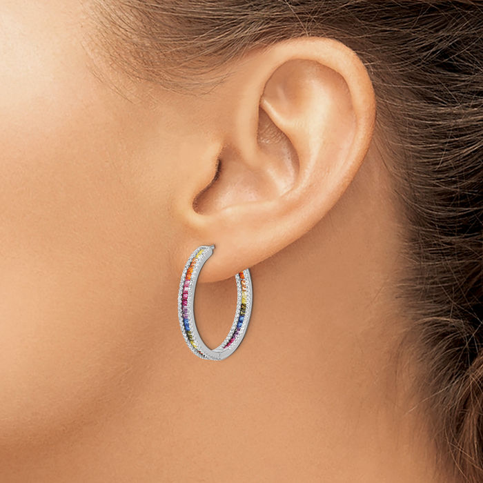925 Sterling Silver White Multi-color Cubic Zirconia CZ Round Medium Hoop Earrings
