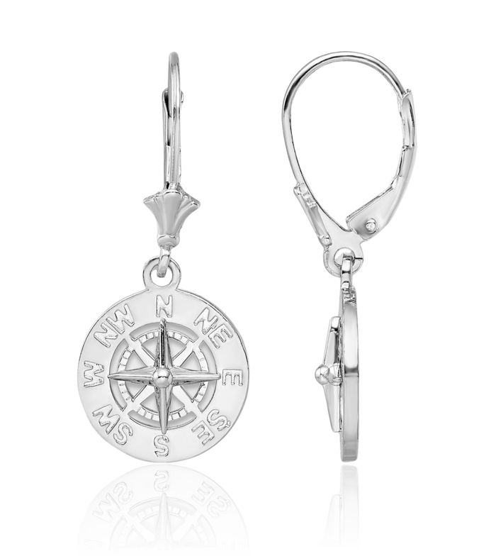 925 Sterling Silver Nautical North Star Compass Drop Dangle Earrings