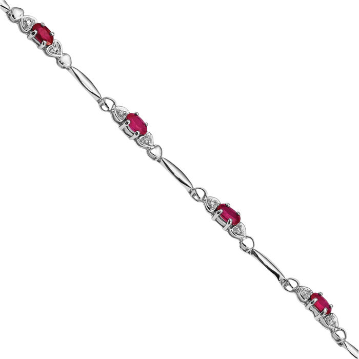 925 Sterling Silver Composite Red Ruby Diamond Chain Tennis Charm Bracelet