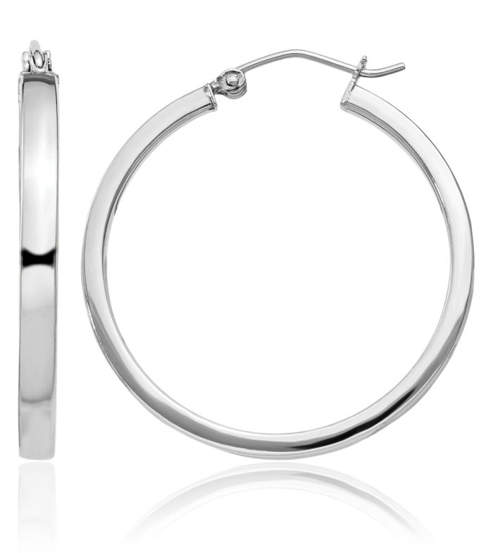925 Sterling Silver Concave Rectangular Tube Round Medium Hoop Earrings