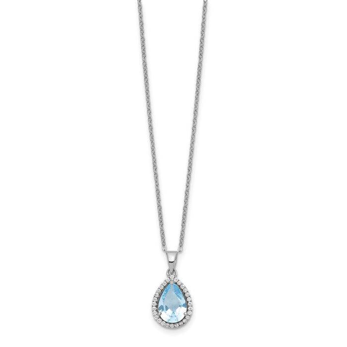 925 Sterling Silver Lab Blue Aquamarine Cubic Zirconia CZ Chain Necklace Gemstone Pendant Charm March Birthstone Jewelry