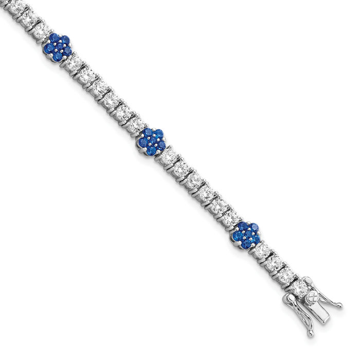 925 Sterling Silver Lab Blue Spinel Cubic Zirconia CZ Flower Chain Charm Bracelet