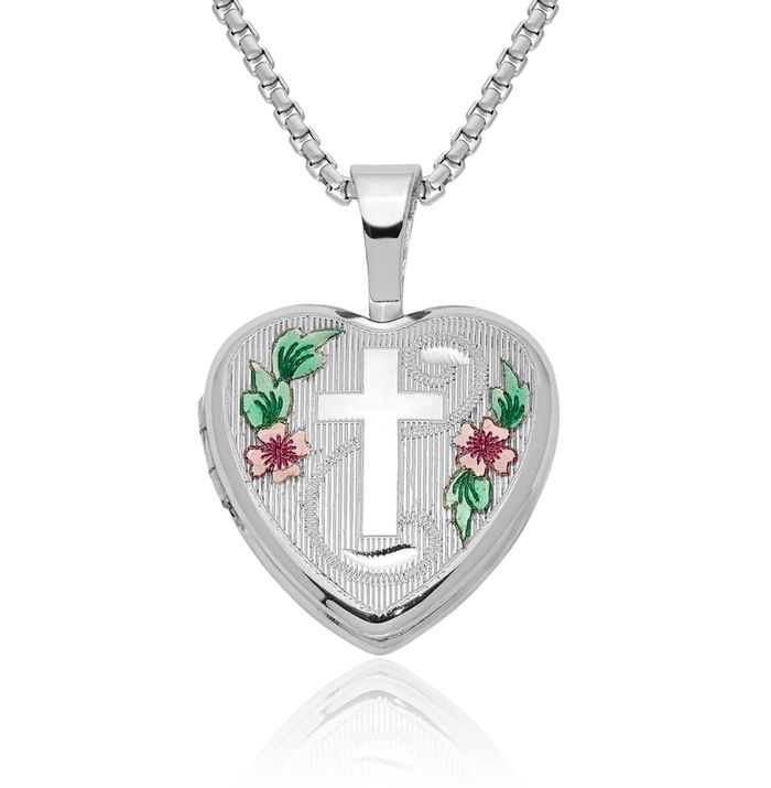 925 Sterling Silver Holy Cross Flowers Heart Personalized Photo Locket Necklace Religious Chain Pendant Jesus Christ Charm