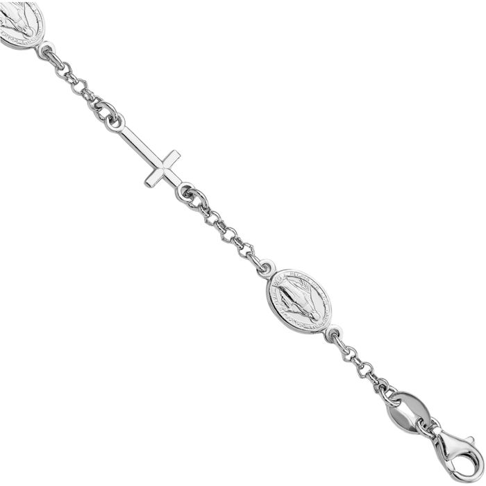 925 Sterling Silver Holy Cross Our Lady of Miraculous Medal Blessed Virgin Mary Chain Charm Bracelet