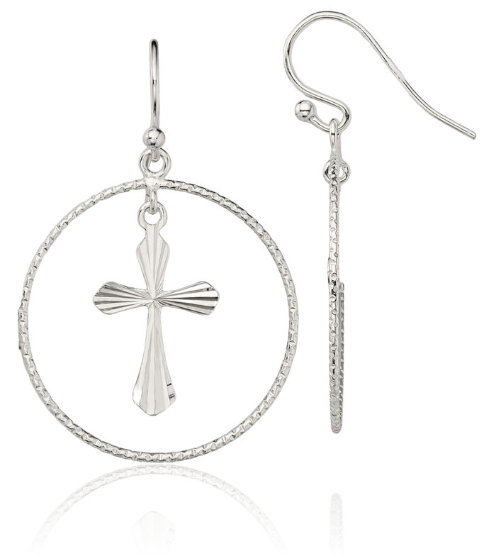 925 Sterling Silver Holy Cross Circle Round Christian Religious Drop Dangle Earrings