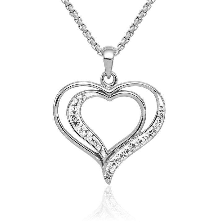 925 Sterling Silver Rhinestone Crystals Double Heart Necklace Love Pendant Charm