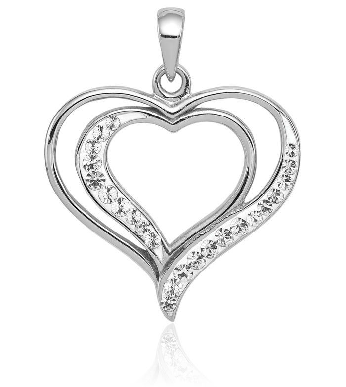 925 Sterling Silver Rhinestone Crystals Double Heart Necklace Love Pendant Charm