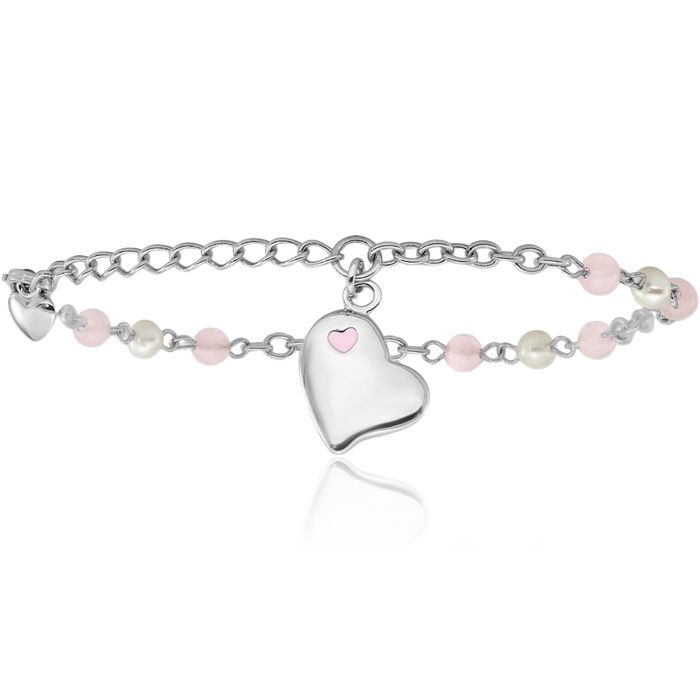 925 Sterling Silver Rhinestone Crystals Freshwater Cultured Pearl Dangling Heart Chain Charm Bracelet