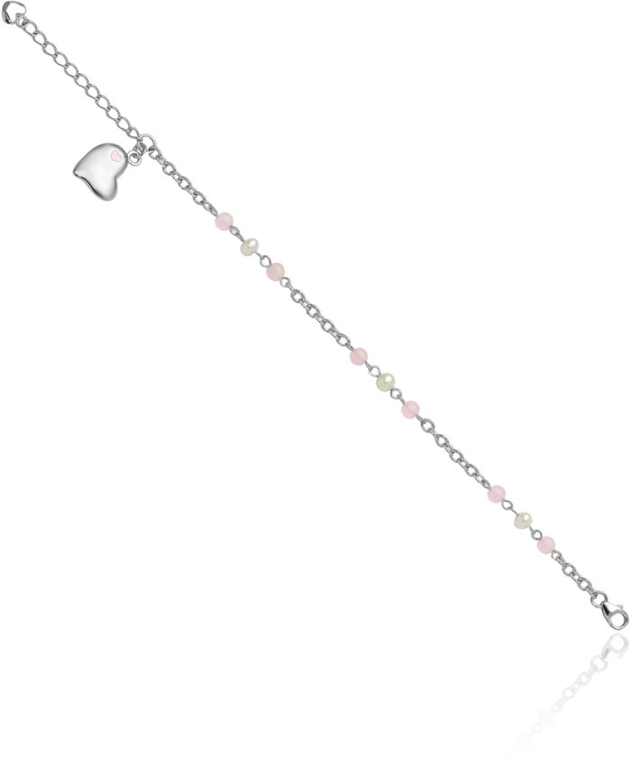 925 Sterling Silver Rhinestone Crystals Freshwater Cultured Pearl Dangling Heart Chain Charm Bracelet