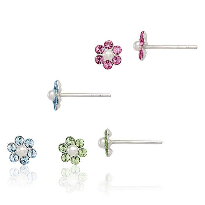 925 Sterling Silver Rhinestone Crystals Pearl Flower Stud Earrings Set