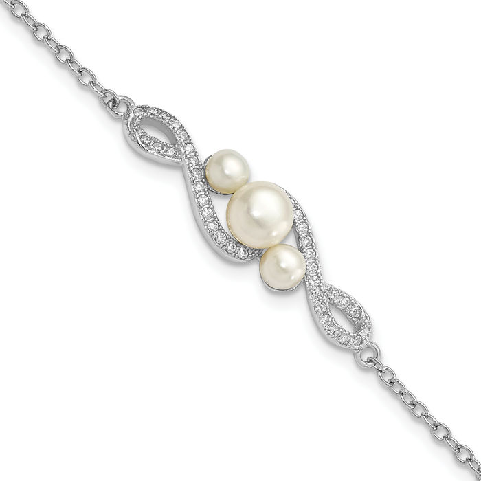 925 Sterling Silver 4 7mm White Button Freshwater Cultured Pearl Cubic Zirconia CZ Chain Bracelet