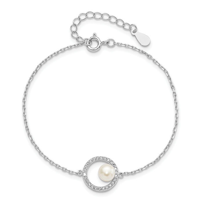 925 Sterling Silver 6mm White Button Freshwater Cultured Pearl Cubic Zirconia CZ Chain Bracelet